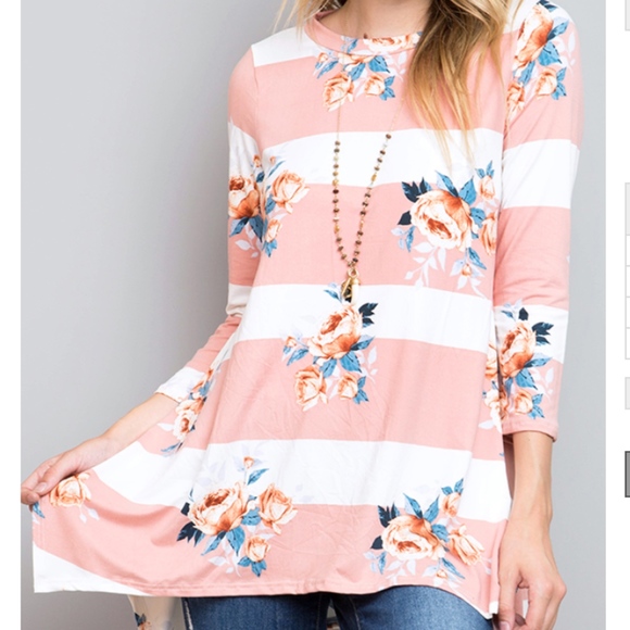 Tops - Blush Striped Floral Print Handkerchief Top